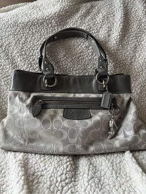Coach Gray Signature Canvas Shoulder Tote with Dark Gray Leather Trim